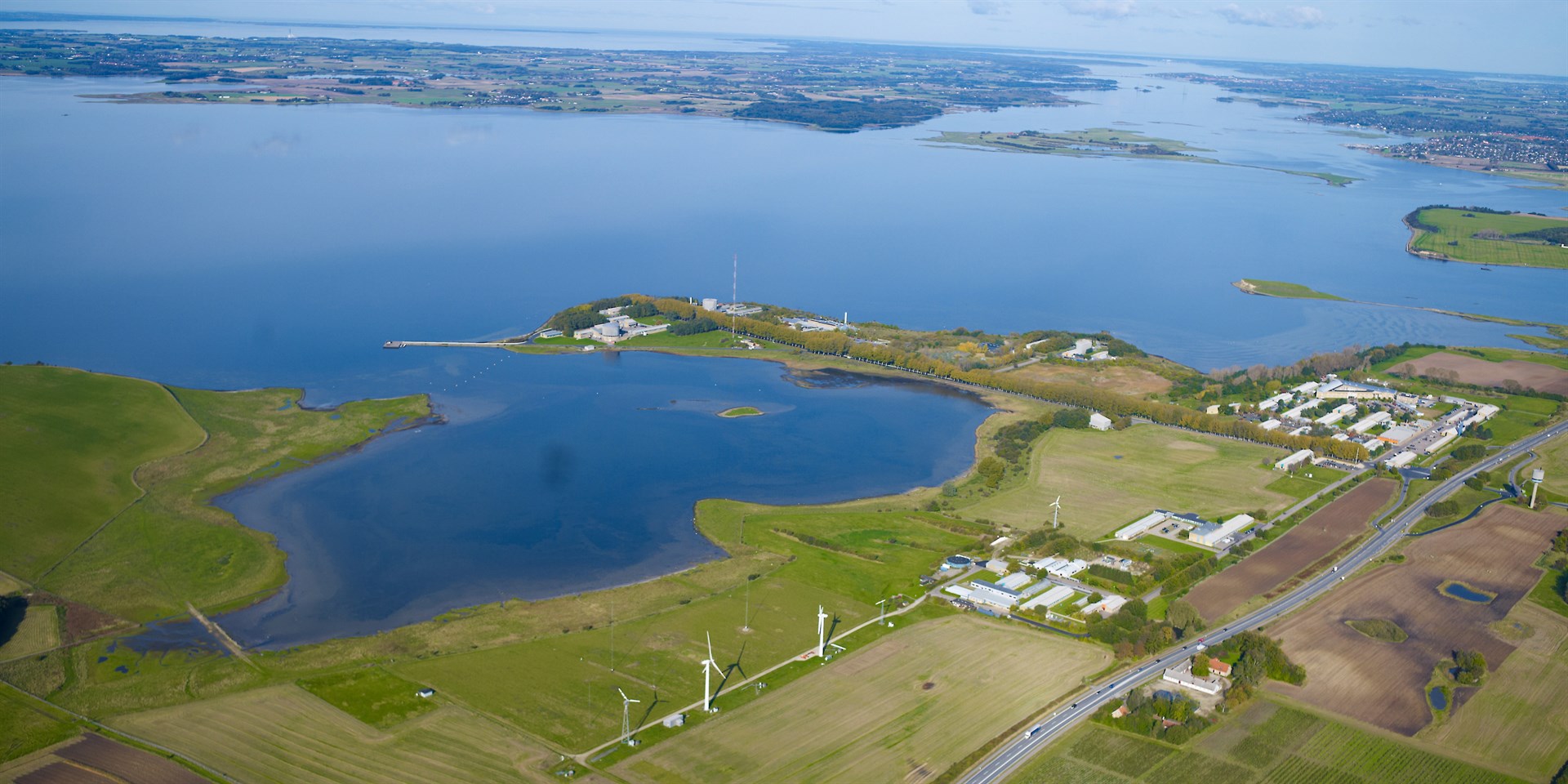 Aerial photo of Roskilde Fjord where DTU Risoe is located